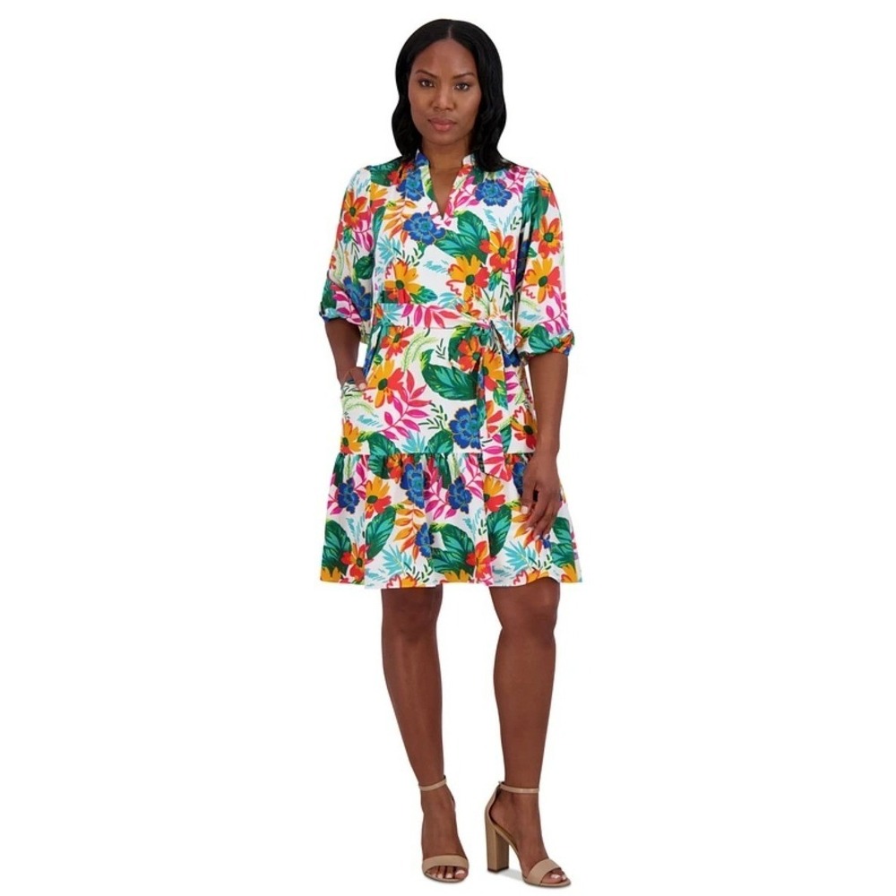 Jessica Howard Floral Chiffon Dress 8P White Multi Tiered Boho Spring Resort